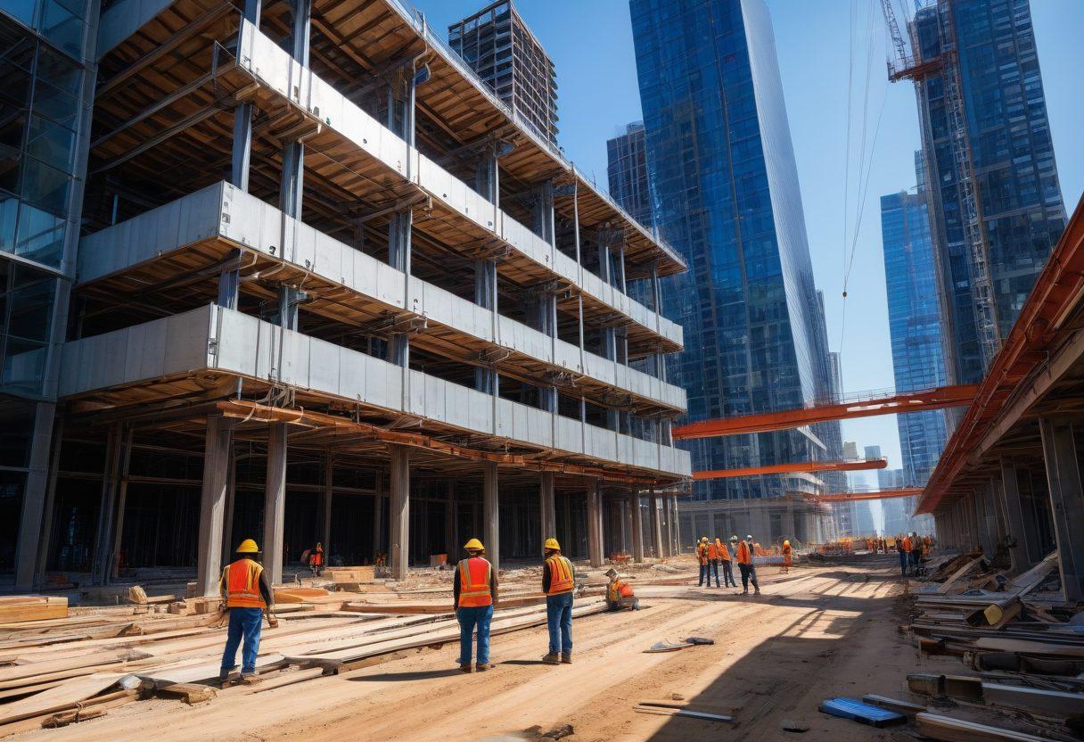 A futuristic construction site showcasing innovative metal applications by Lexington Steel. Include advanced machinery and steel beams interconnected in a dynamic way, surrounded by towering skyscrapers with glass facades reflecting the sky. Depict workers collaborating with high-tech tools, symbolizing progress and teamwork. Bright sunlight illuminating the scene and blueprints scattered around the site. super-realistic. vibrant colors.