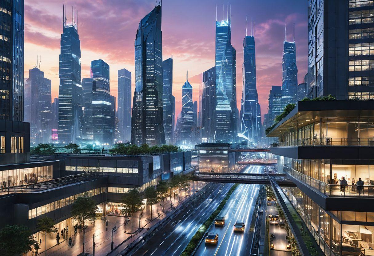 A futuristic cityscape with sleek steel skyscrapers reflecting the skyline, showcasing advanced steel innovations. Include elements such as robotic workers, high-tech machinery, and dynamic graphs projected in the air. The scene should convey a sense of progress and sustainability in the steel industry. Bright and vibrant colors to illustrate energy and innovation. super-realistic.